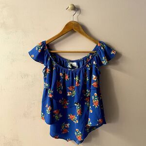 Mimi Chica Blue & Orange Floral Print Fluttery Top Size S NWT
